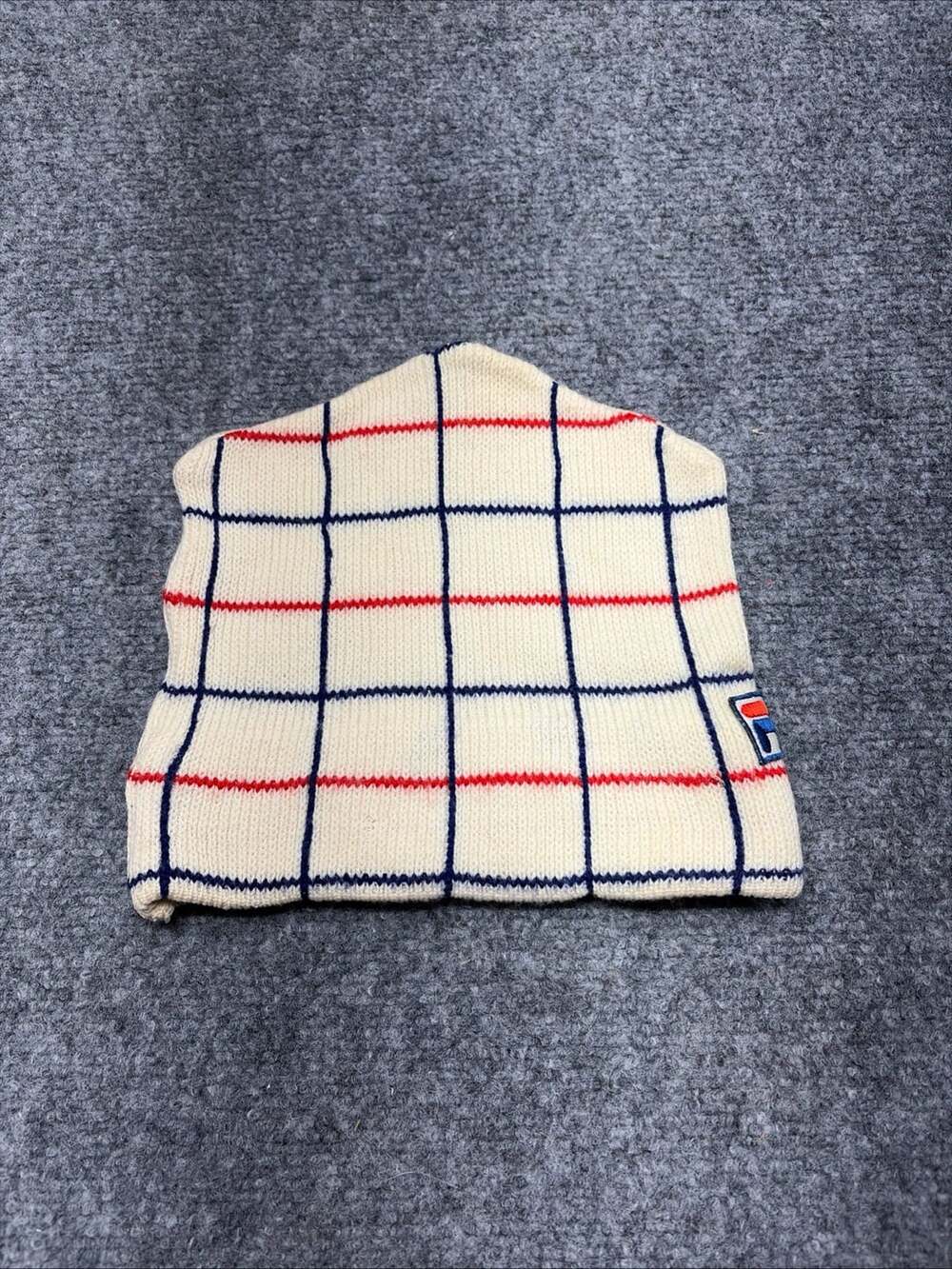 Vintage Fila Windowpane Check Knit Beanie White Navy Red Bjorn Borg style one Sz